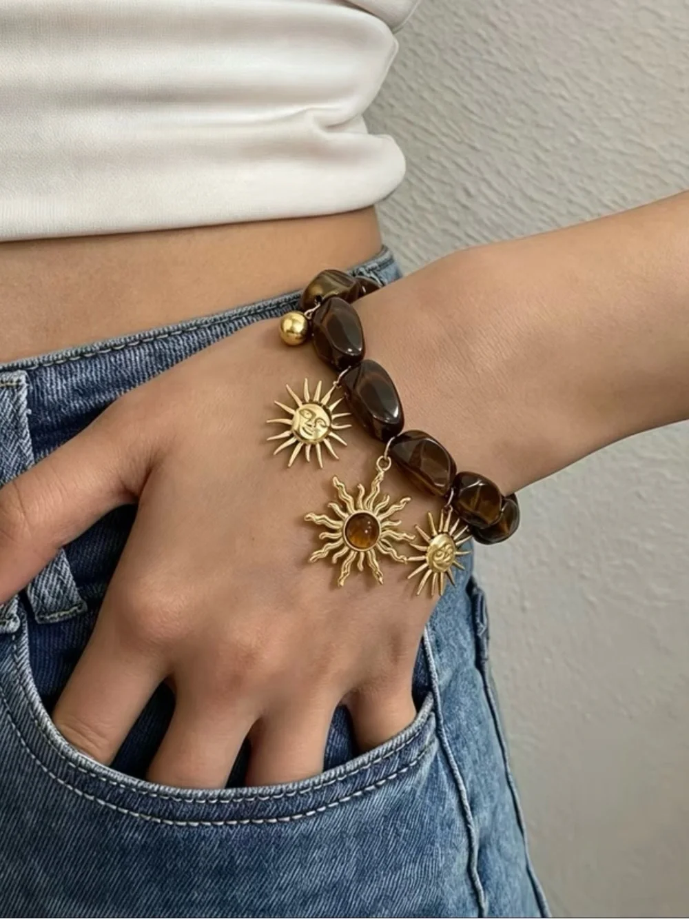 NEW! Boho Sun Charm Brown Beaded Bracelet. Cat's Eye/Tiger's Eye Bracelet 👁️B0-6